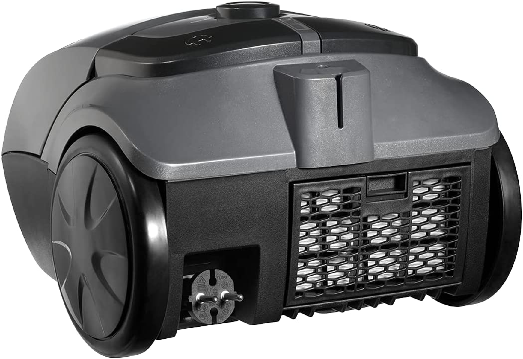 A gray vacuum cleaner with black wheels and a rectangular filter at the back, showing the plug.