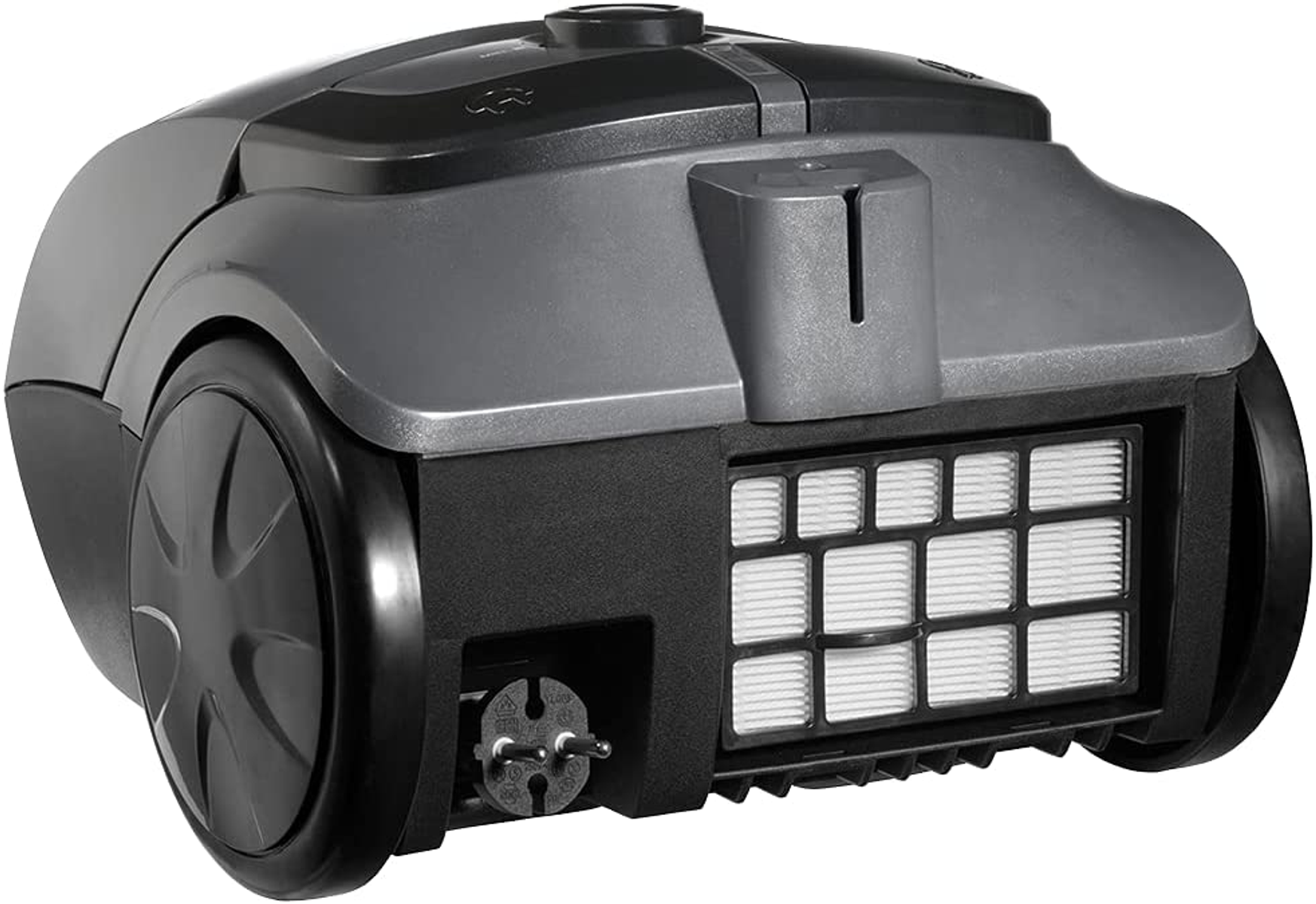 A gray vacuum cleaner, angled view of the back. Filter and power plug visible.