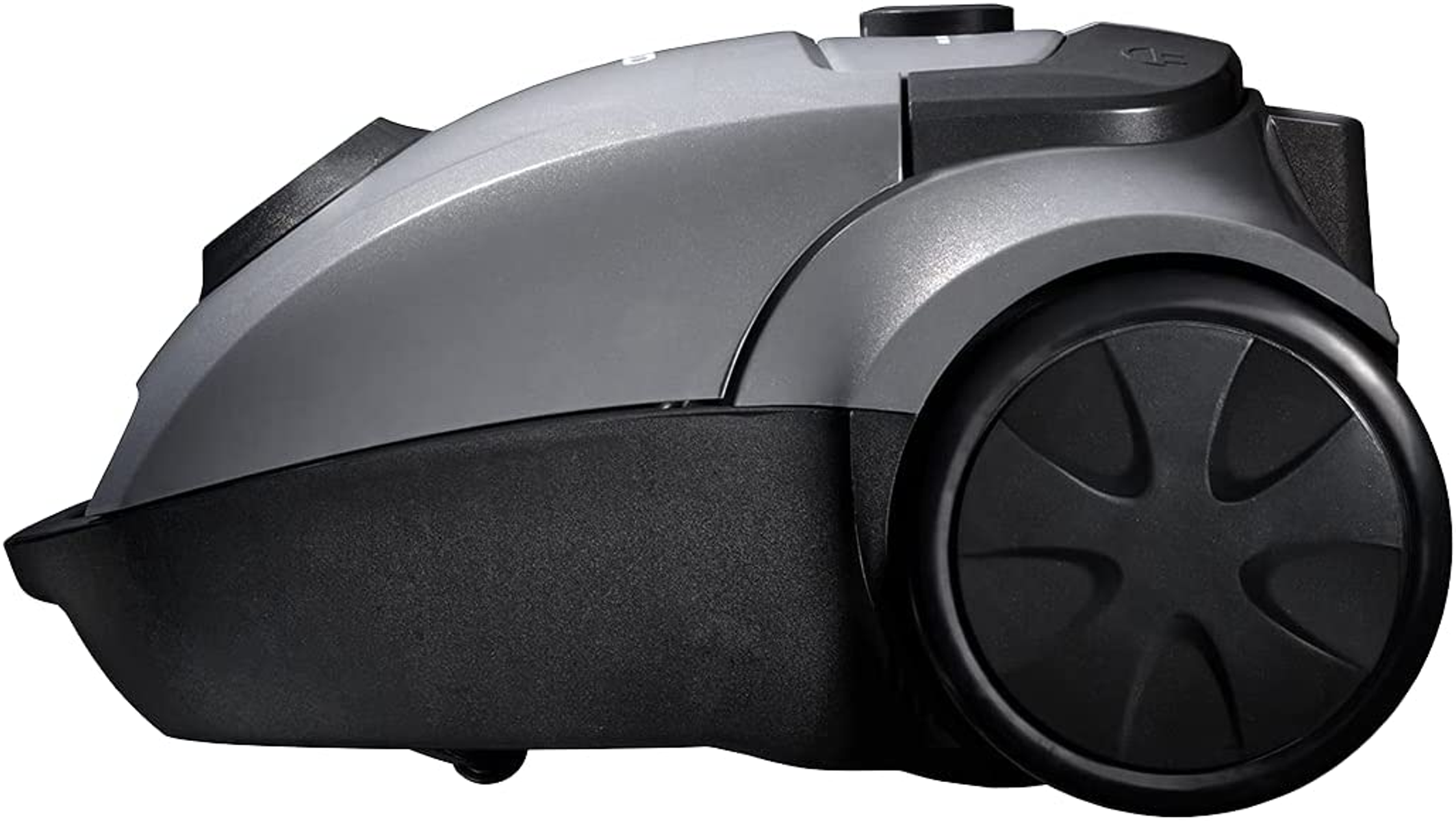Grey vacuum cleaner with black details. The vacuum cleaner is on a white background.