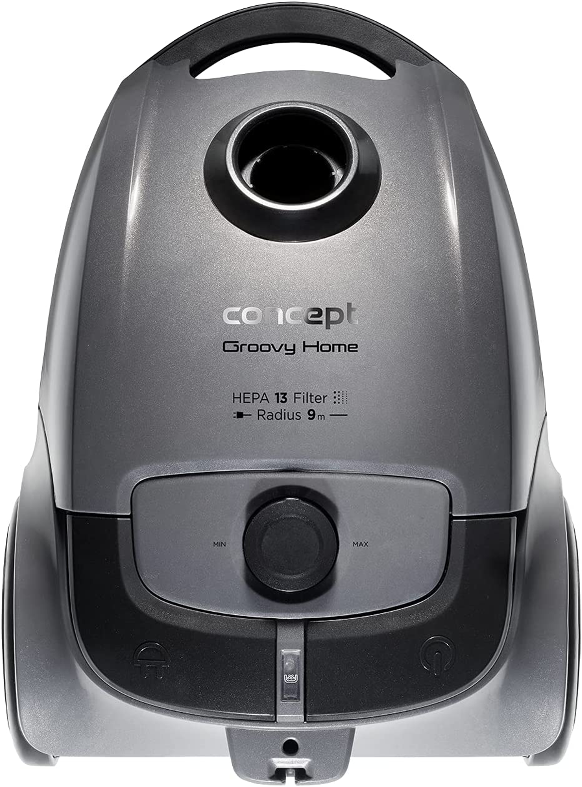 Gray vacuum cleaner with black accents. 