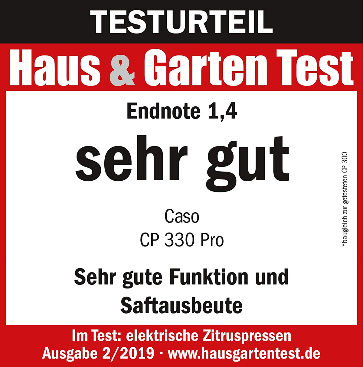 Testo tedesco. Etichetta Haus & Garten Test. Il testo è per uno spremiagrumi, con un punteggio alto.