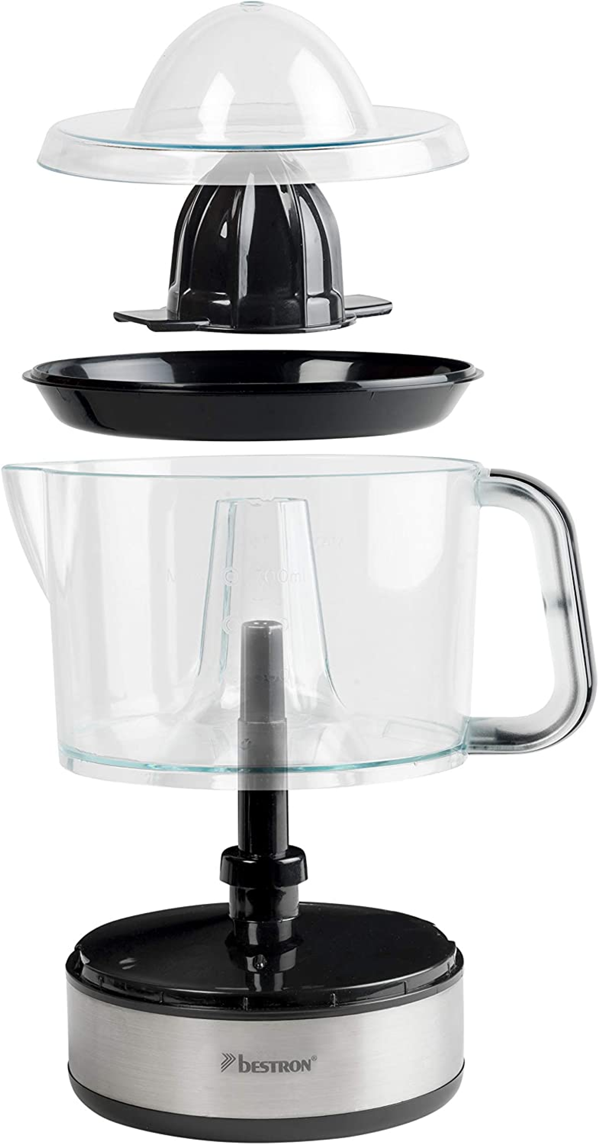 Estrattore di succo smontato. Include parte superiore, cono nero, vassoio, caraffa trasparente e base.