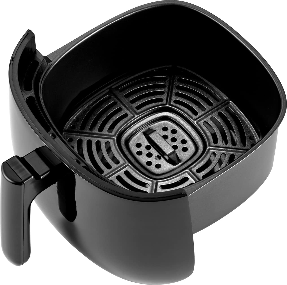 Czarny kosz do frytkownicy, otwarty, pokazujący wewnętrzną kratkę i uchwyt.