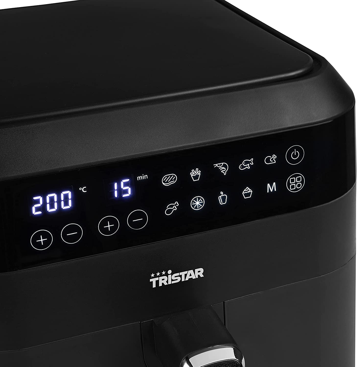 Czarny panel sterowania frytkownicy beztłuszczowej, pokazujący ustawienia temperatury i czasu.