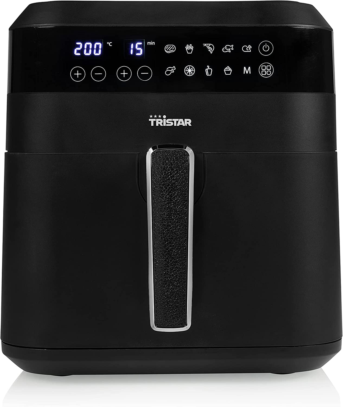 Czarna frytkownica powietrzna z wyświetlaczem cyfrowym i uchwytem. Posiada przyciski i ikony. Na białym tle.