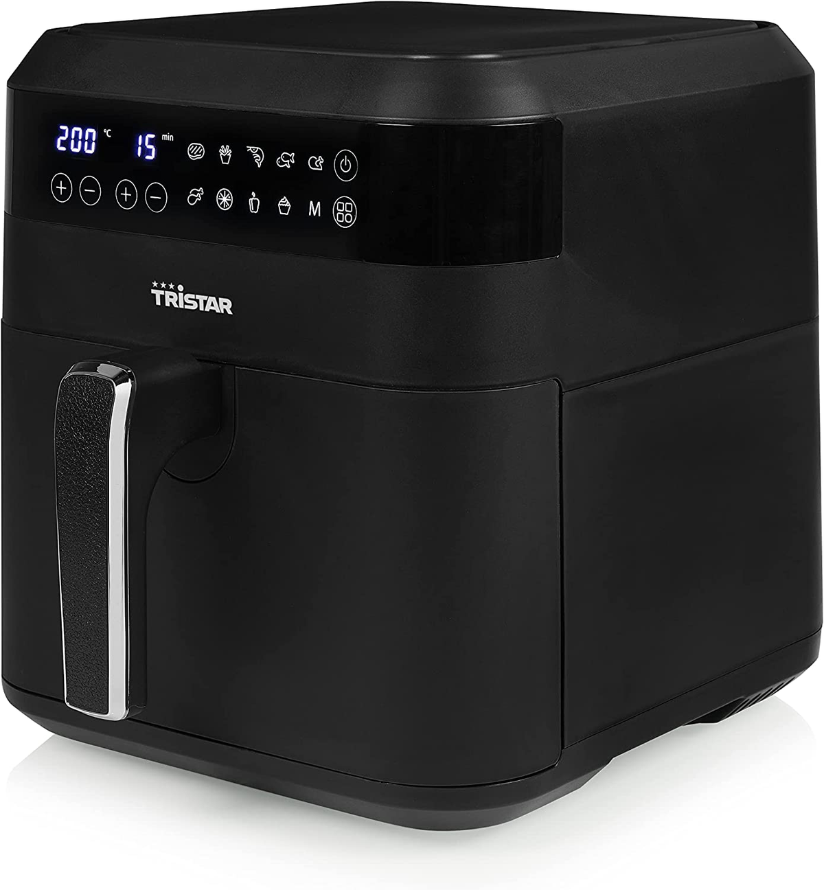 Czarna frytkownica beztłuszczowa Tristar z cyfrowym wyświetlaczem pokazującym temperaturę i czas. Ma uchwyt.