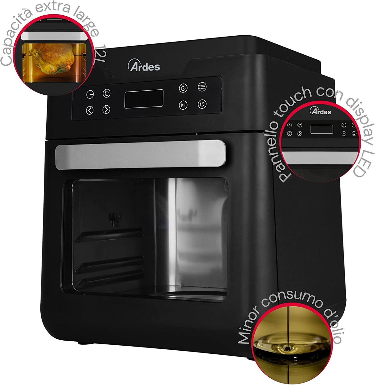 Czarna frytkownica beztłuszczowa prezentuje swoje funkcje, w tym widok na przestrzeń do gotowania i panel sterowania.