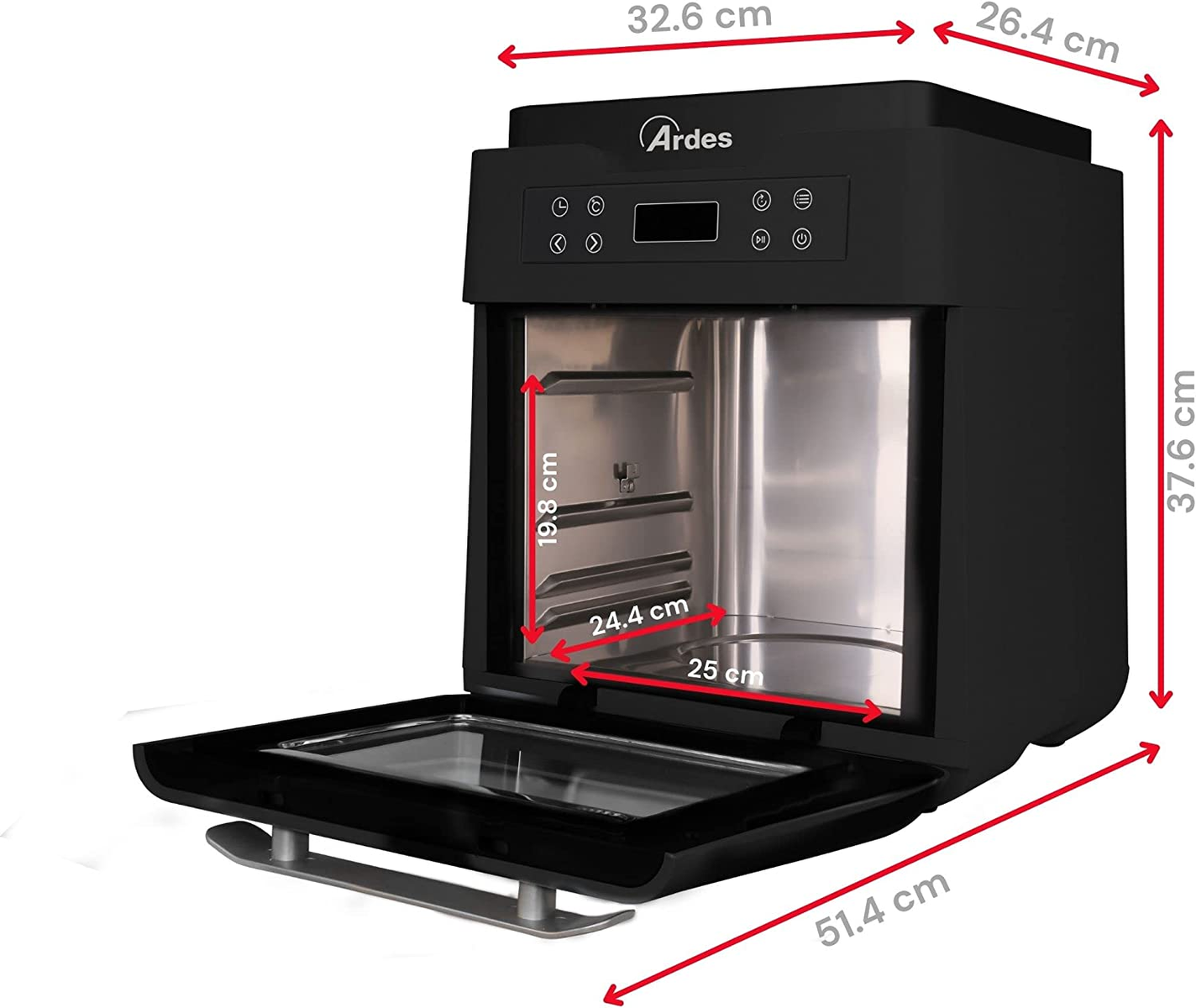 Czarna frytkownica beztłuszczowa z oznaczonymi wymiarami. Przednie drzwi są otwarte, ukazując wnętrze z rusztami.