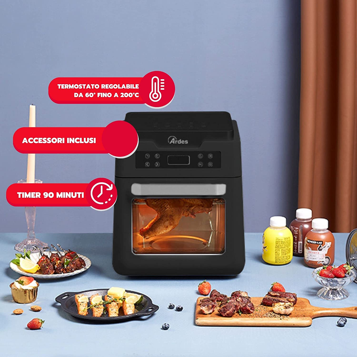 Czarna frytownica beztłuszczowa z jedzeniem w środku. Etykiety tekstowe wskazują funkcje i ustawienia.