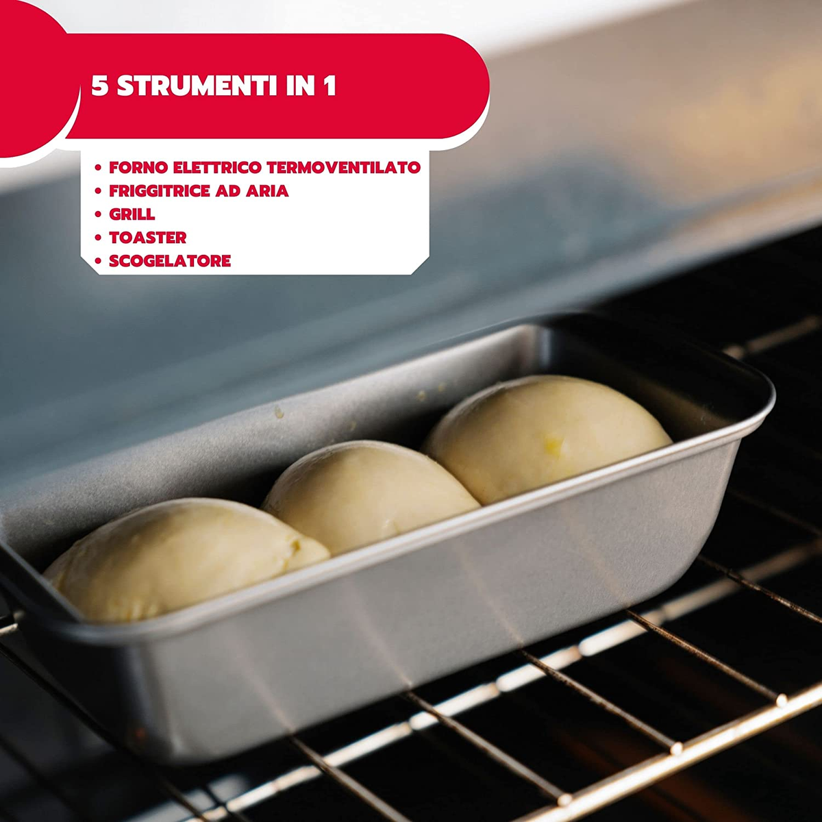 Wewnątrz piekarnika, 3 bułki na tacy. Tekst na górze mówi: 5 instrumentów w 1. Obejmuje piekarnik elektryczny.