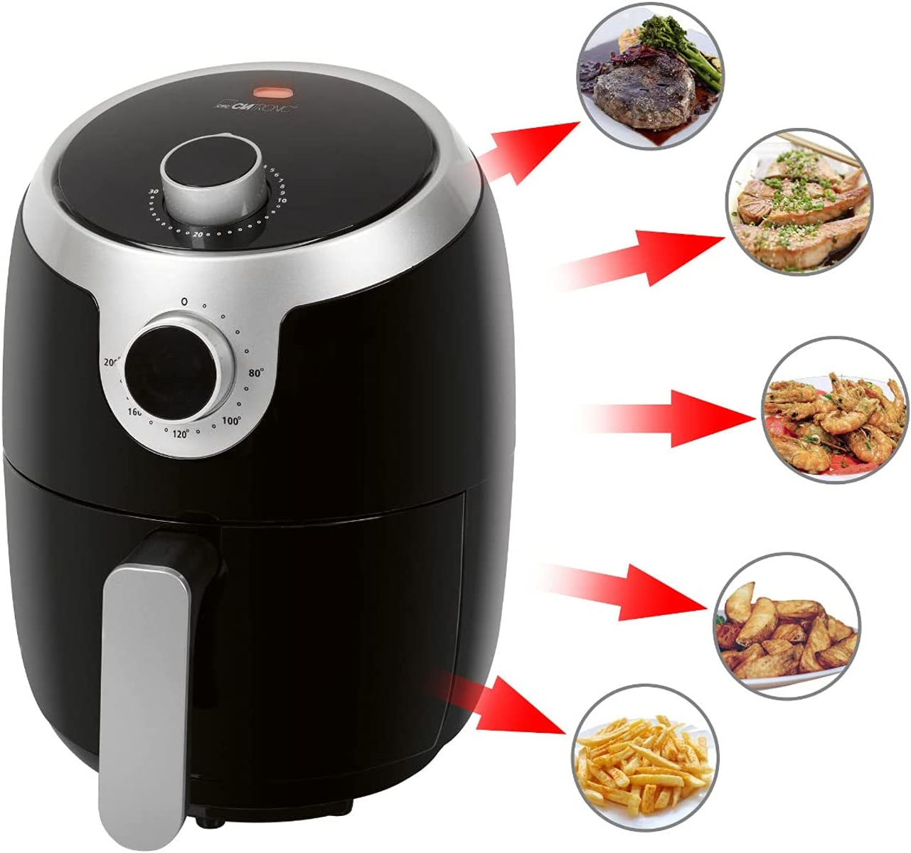 Czarna frytkownica powietrzna z opcjami: stek, szparagi, ryby, krewetki, ćwiartki ziemniaków i frytki.