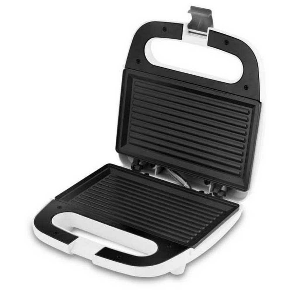 Otwarta biała opiekacz do kanapek. W środku czarne płyty grzewcze.