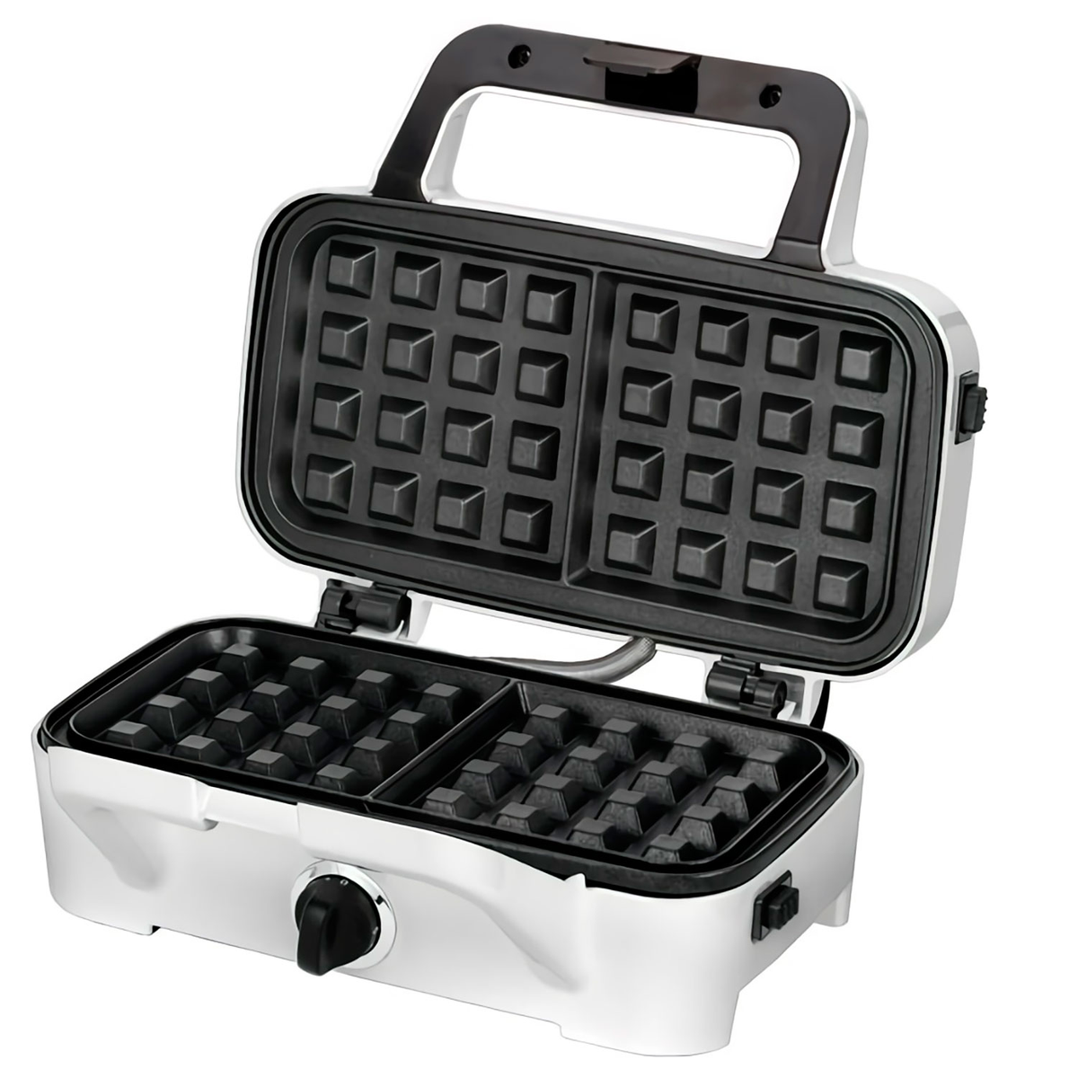 Wafflera blanca abierta con interior negro. Asa arriba, mostrando rejilla de gofres.