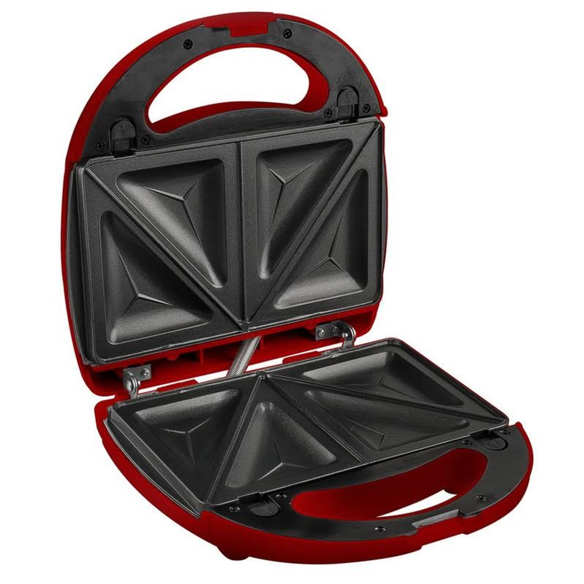 Otwarta czerwona opiekacz do kanapek, odsłaniająca dwie trójkątne przegródki. Czarny, pusty, gotowy do użycia.