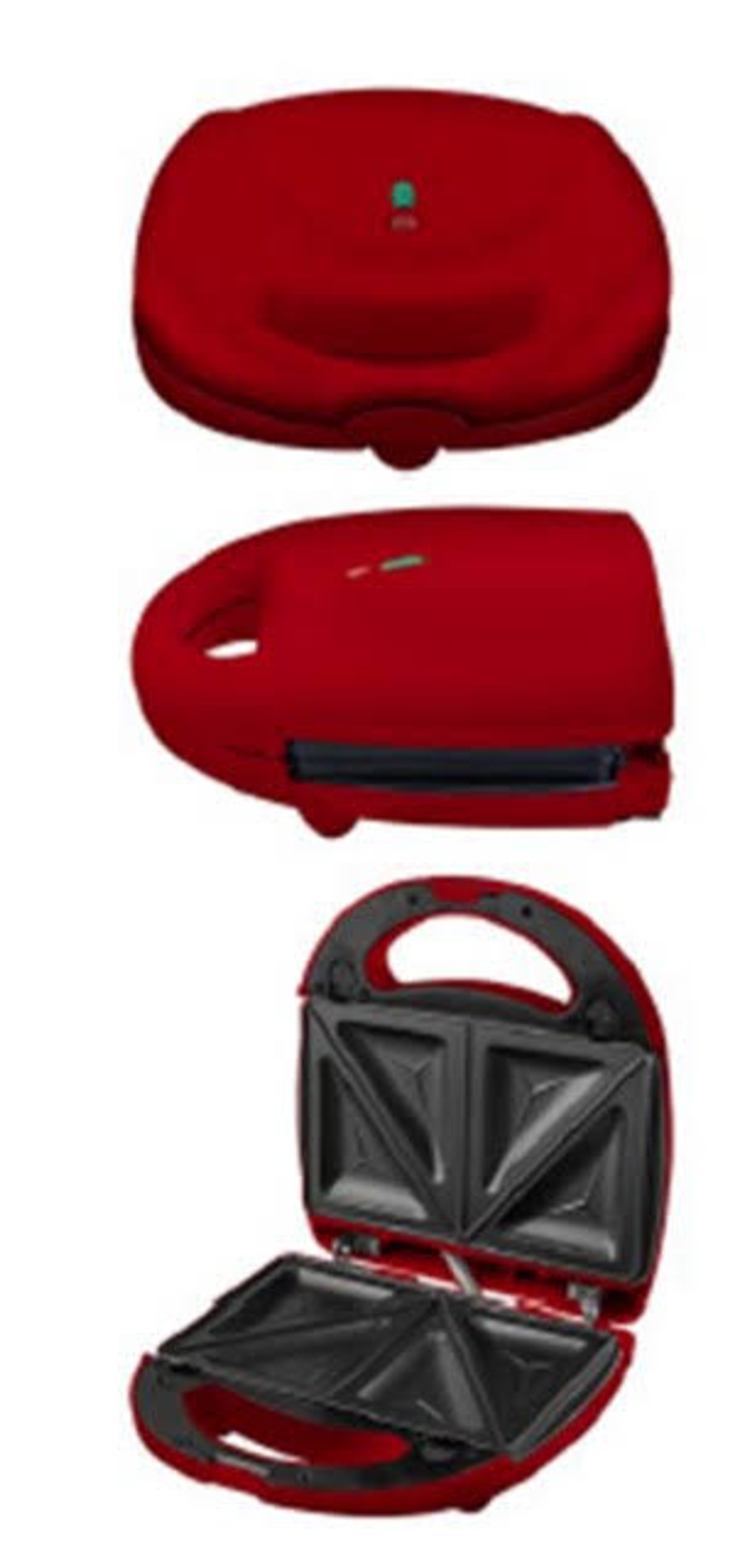 Trzy widoki czerwonego opiekacza do kanapek: zamknięty, z boku i otwarty.