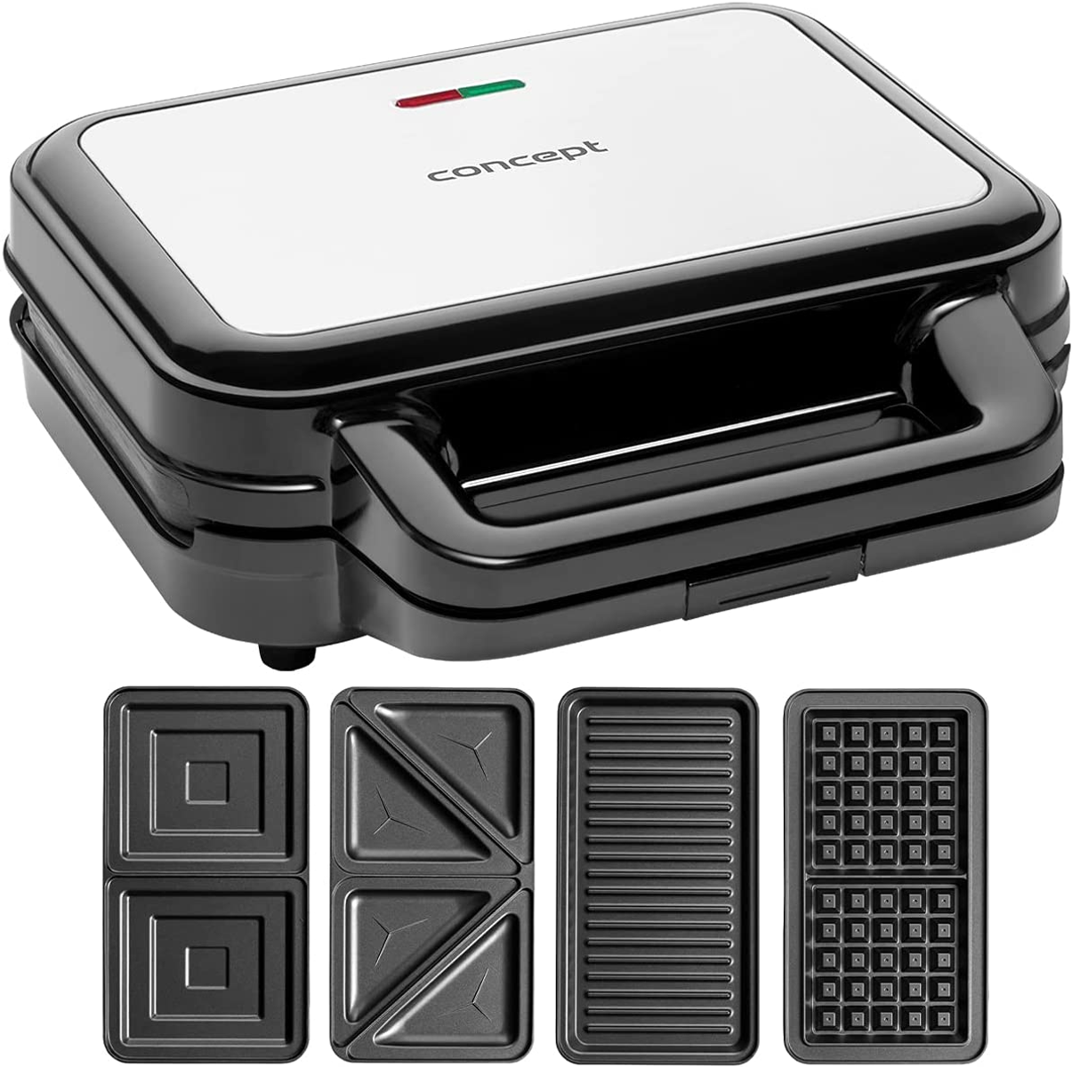 Sandwichera blanca y negra con placas intercambiables. Formas cuadradas, triangulares y de gofres.