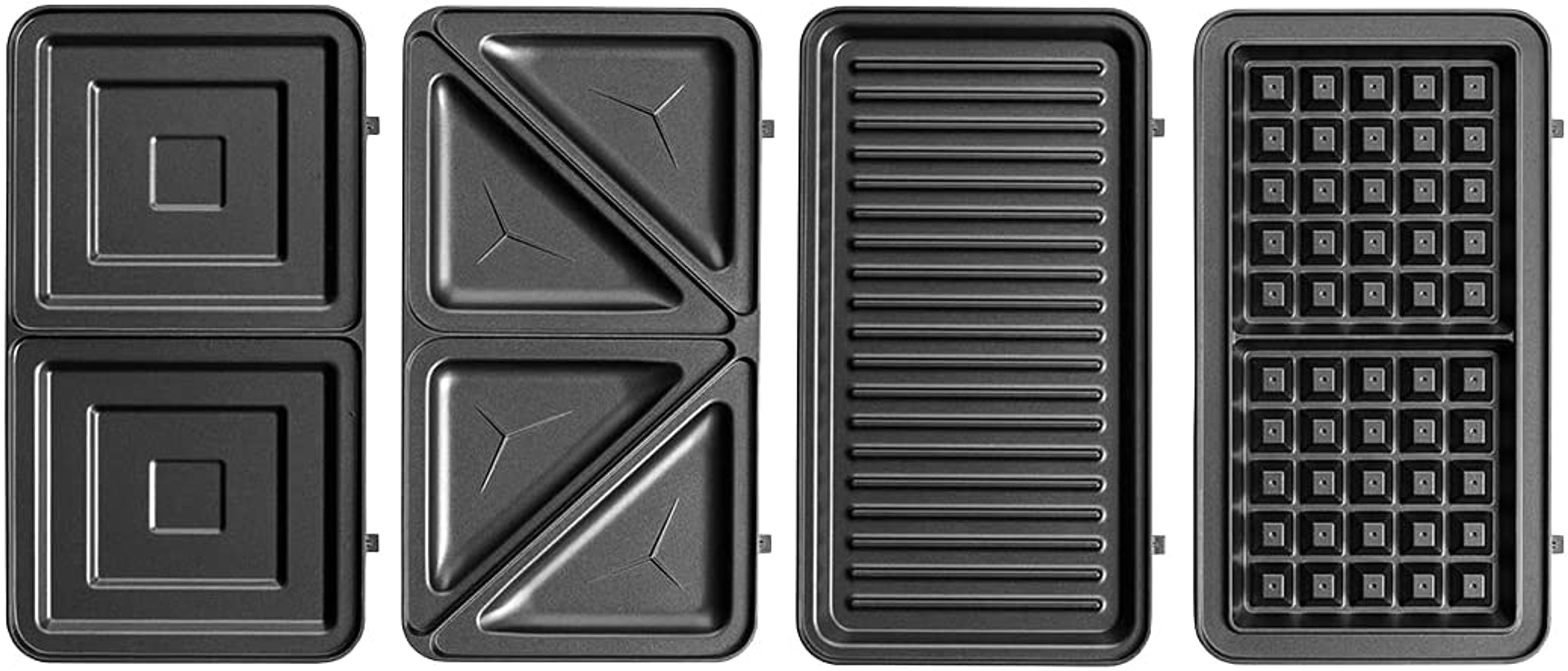 Cuatro tipos diferentes de placas de cocción: cuadrada, triangular, parrilla y gofre.