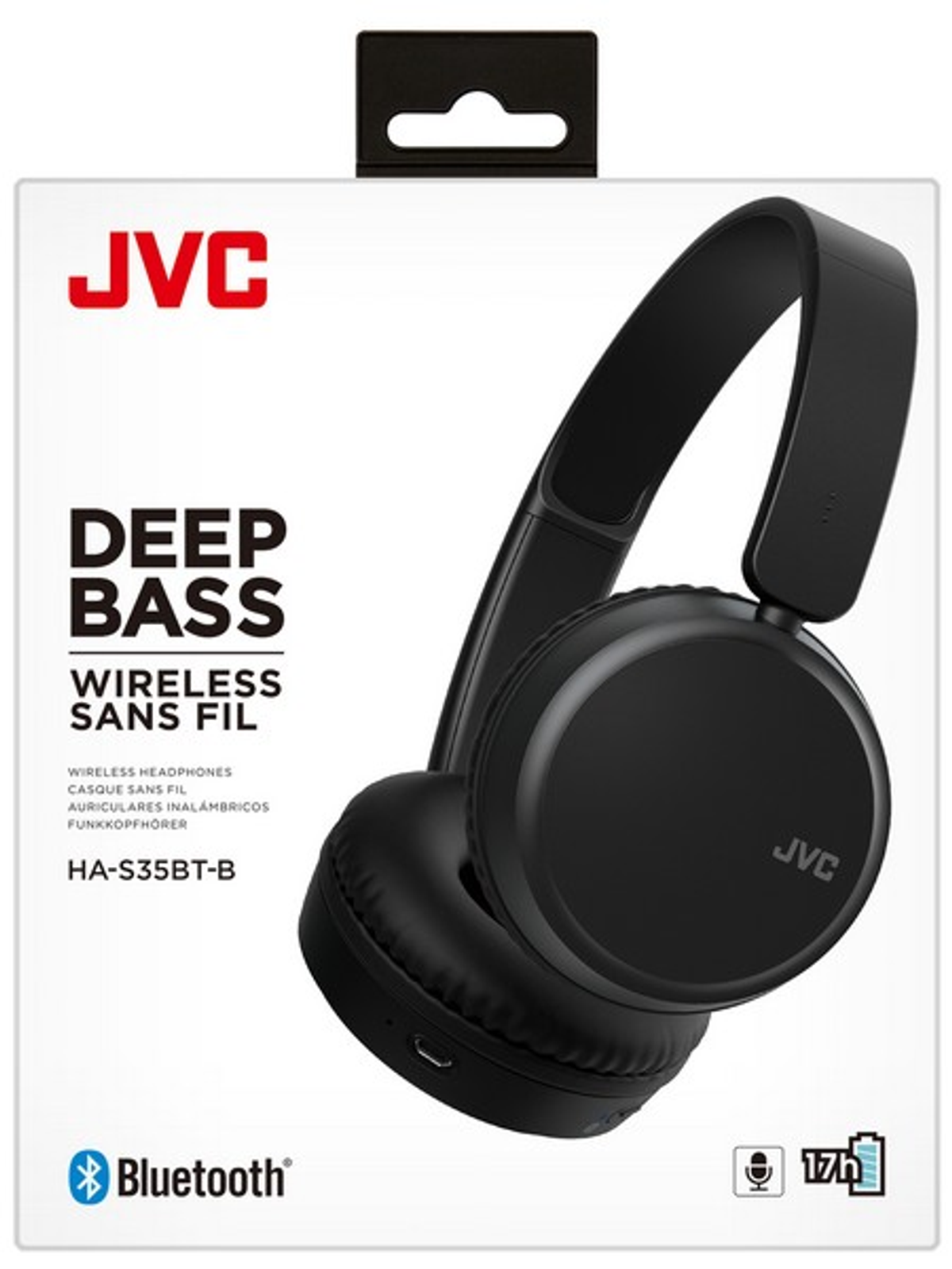 Schwarze JVC-Kopfhörer in einer Box, mit Text, der tiefen Bass und kabellos anzeigt.