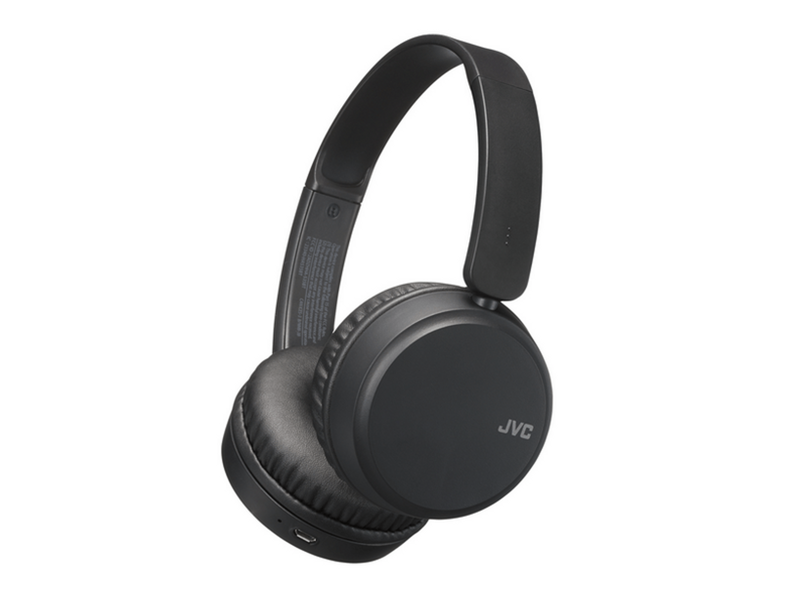 Schwarze JVC-Kopfhörer auf weißem Hintergrund. Einfaches Design mit Ohrmuscheln.