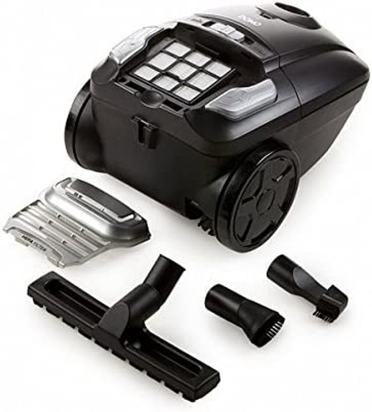 Czarny odkurzacz z nasadkami. Zawiera szczotkę i dyszę.