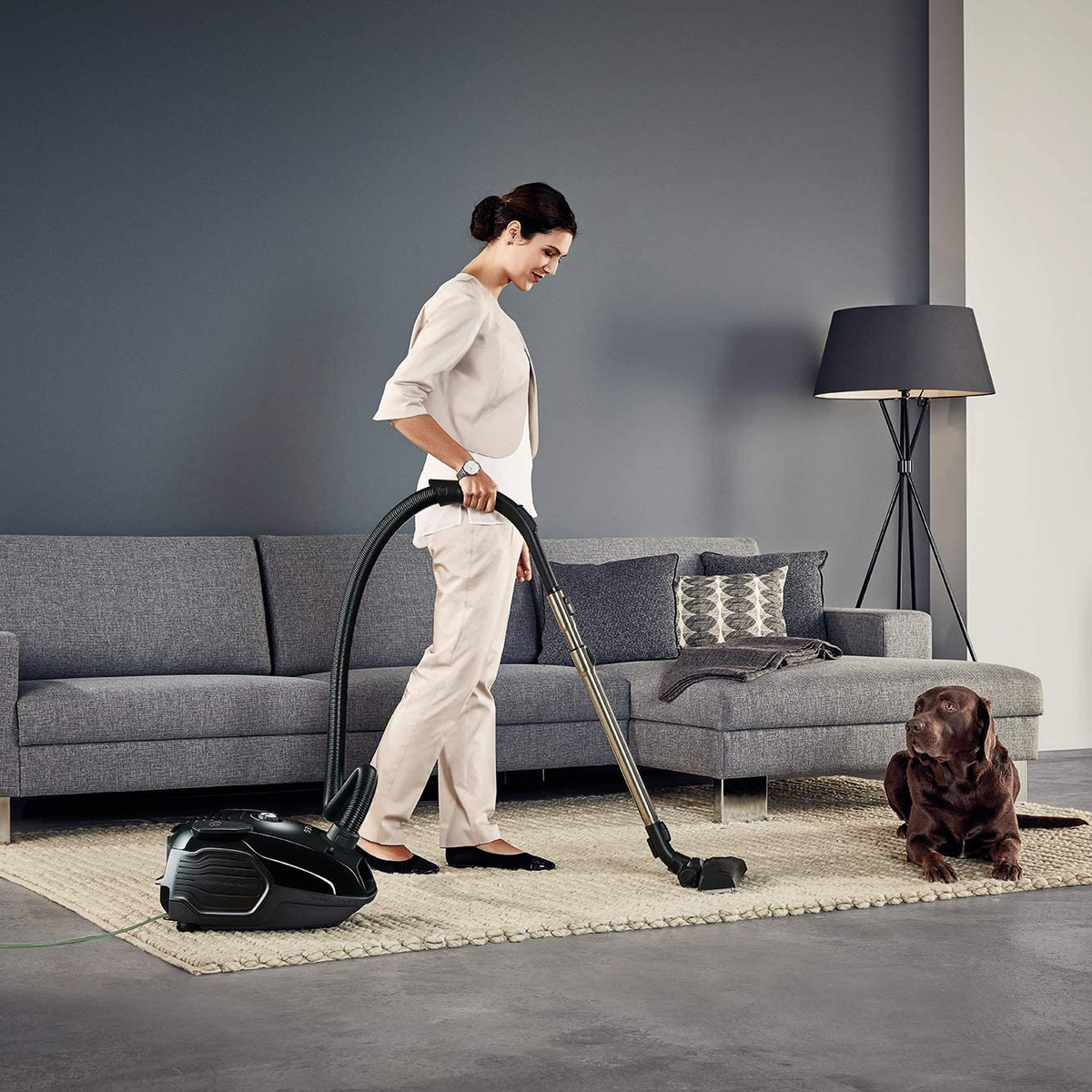 Mujer aspirando una alfombra con un perro al lado de un sofá. Una aspiradora negra es visible a la izquierda.