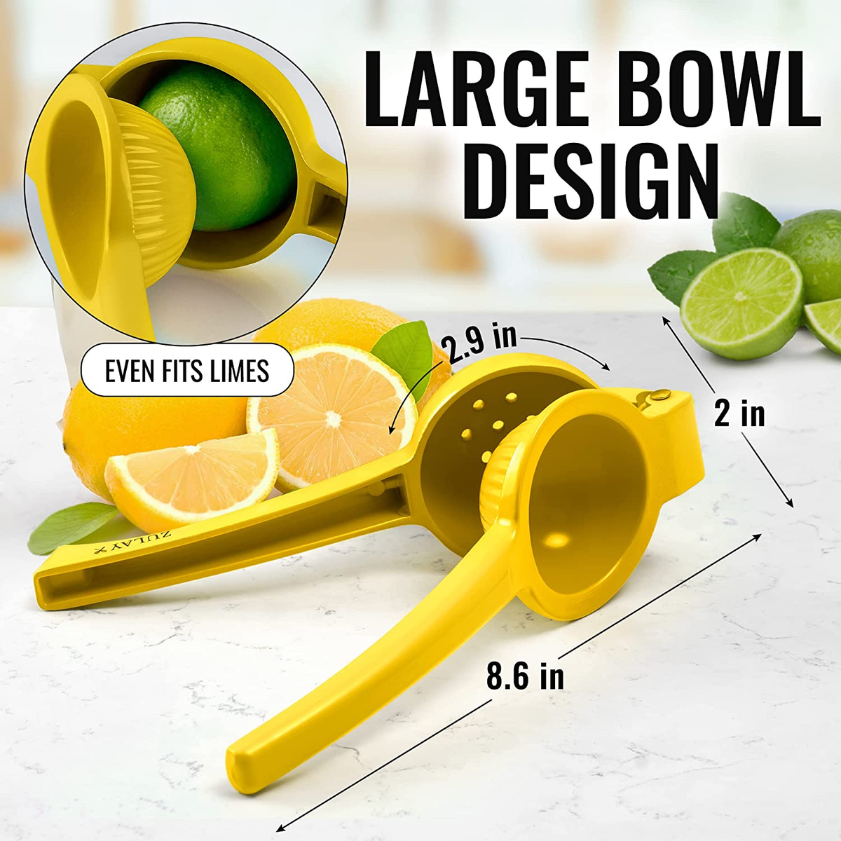 Uno spremiagrumi giallo per lime e limoni con dimensioni e un lime.
