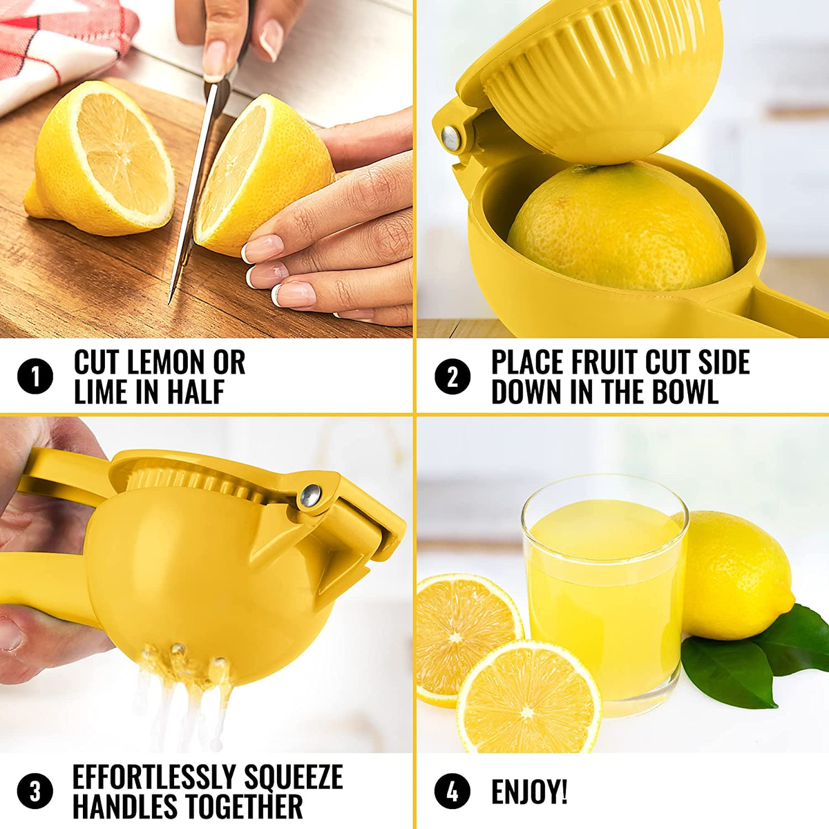 Passaggi dello spremiagrumi: tagliare il limone, posizionare nella ciotola, premere le maniglie, gustare il succo.