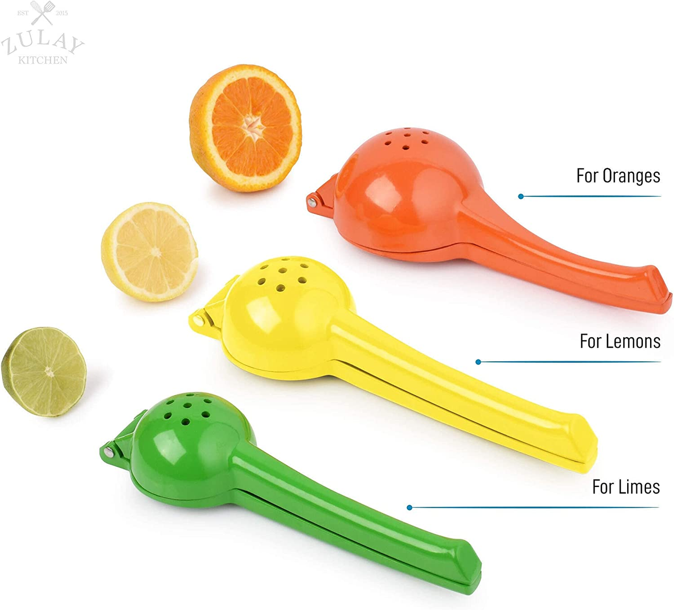 Tre spremiagrumi colorati: arancione, giallo e verde, con limone e arancia.