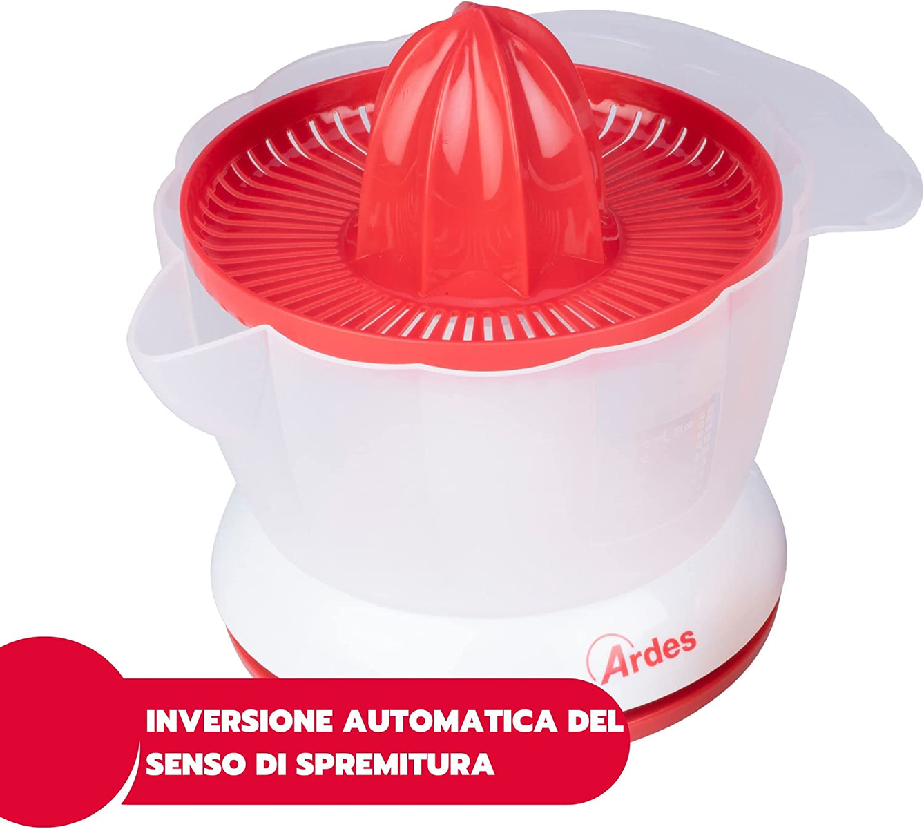 Spremiagrumi elettrico bianco e rosso. Lo spremiagrumi è composto da una base bianca e un coperchio rosso. Il marchio è 'Ardes'.