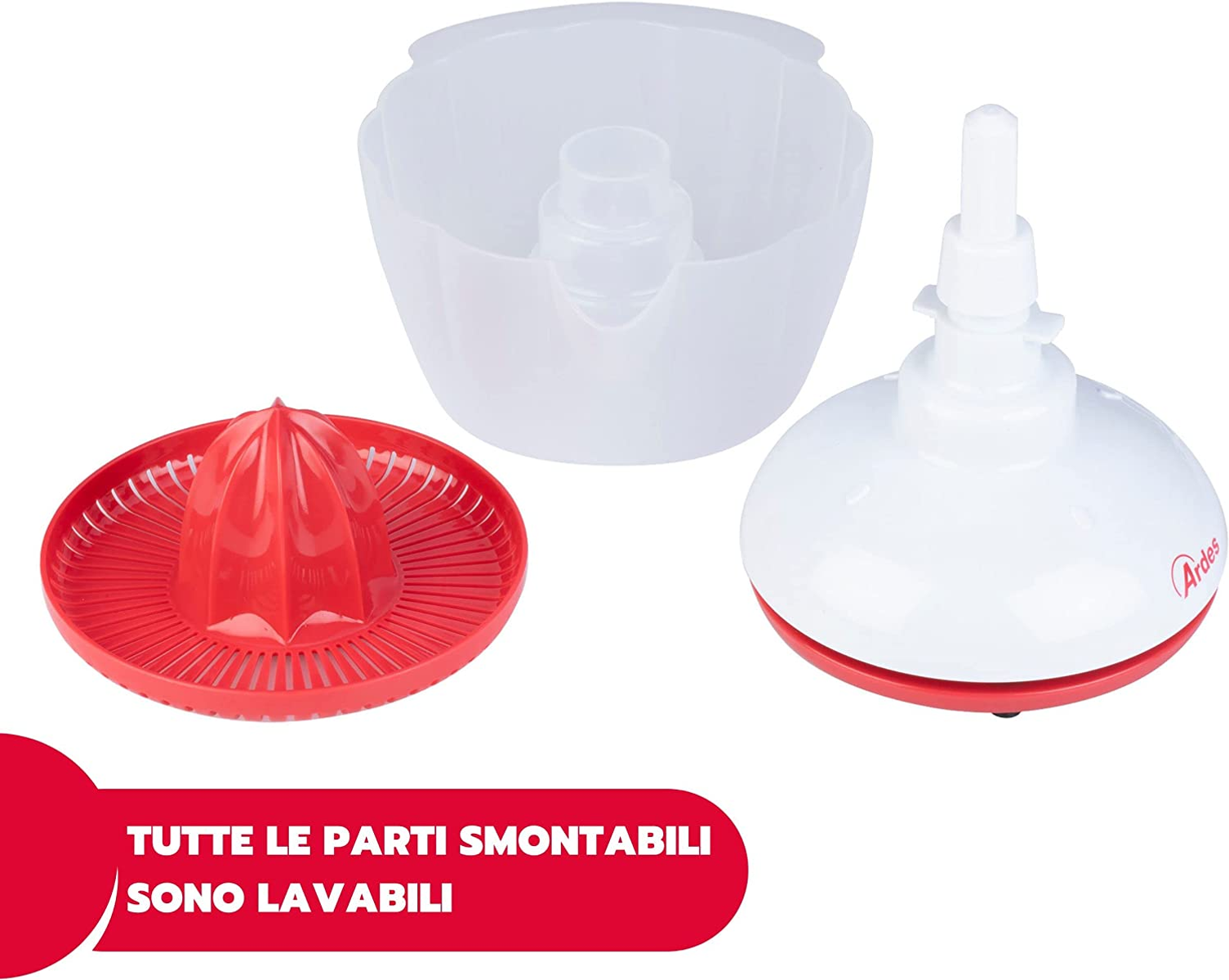 Parti di spremiagrumi bianche e rosse su un tavolo. Testo: tutte le parti rimovibili sono lavabili.