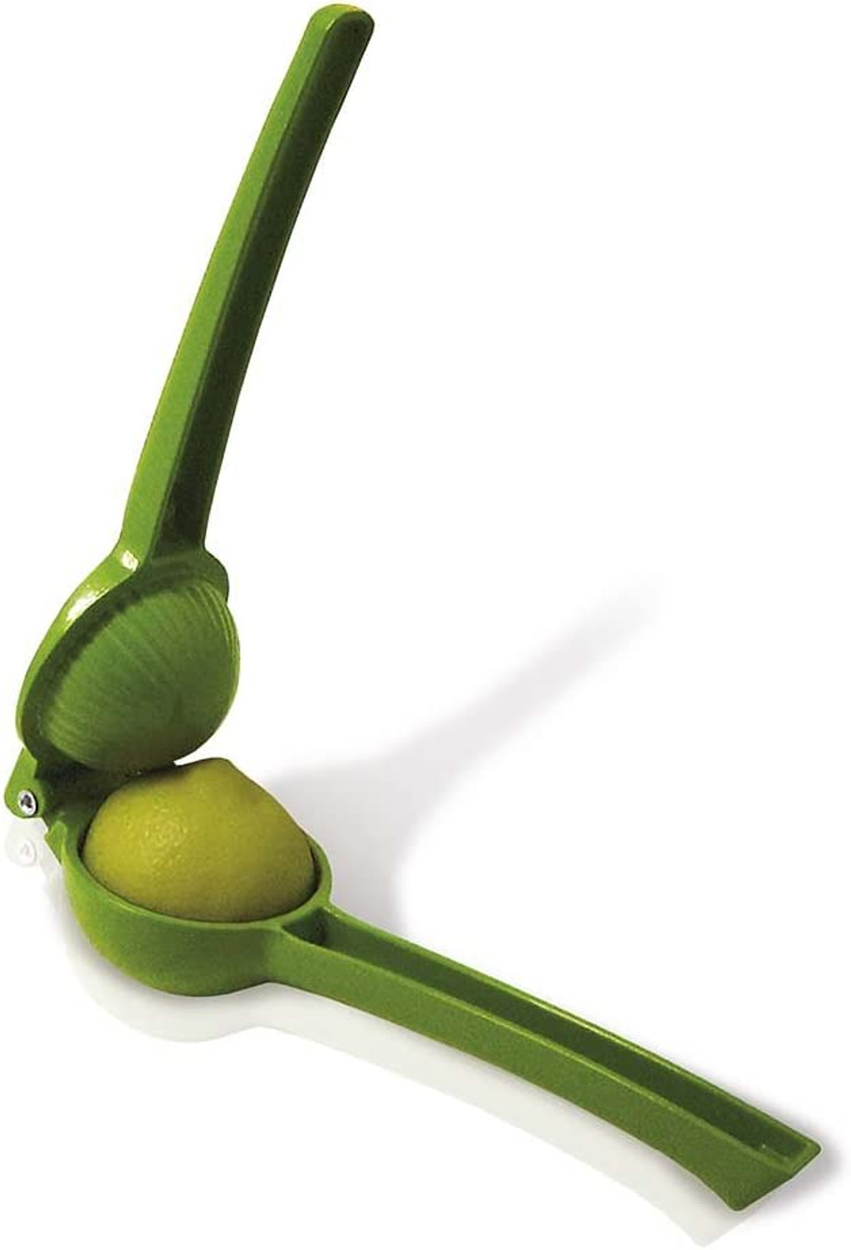 Grüner Zitruspresser mit einer Limette darin und einer weiteren oben.