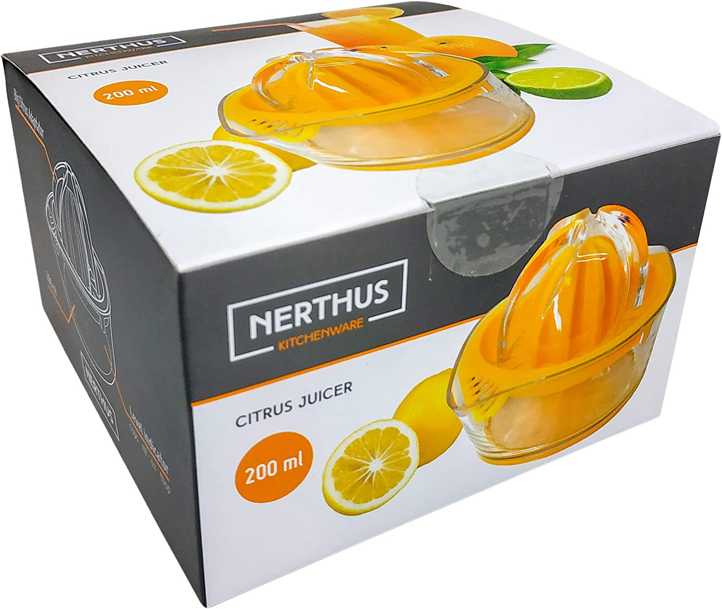 Uno spremiagrumi in una scatola con un limone e mezzo limone.