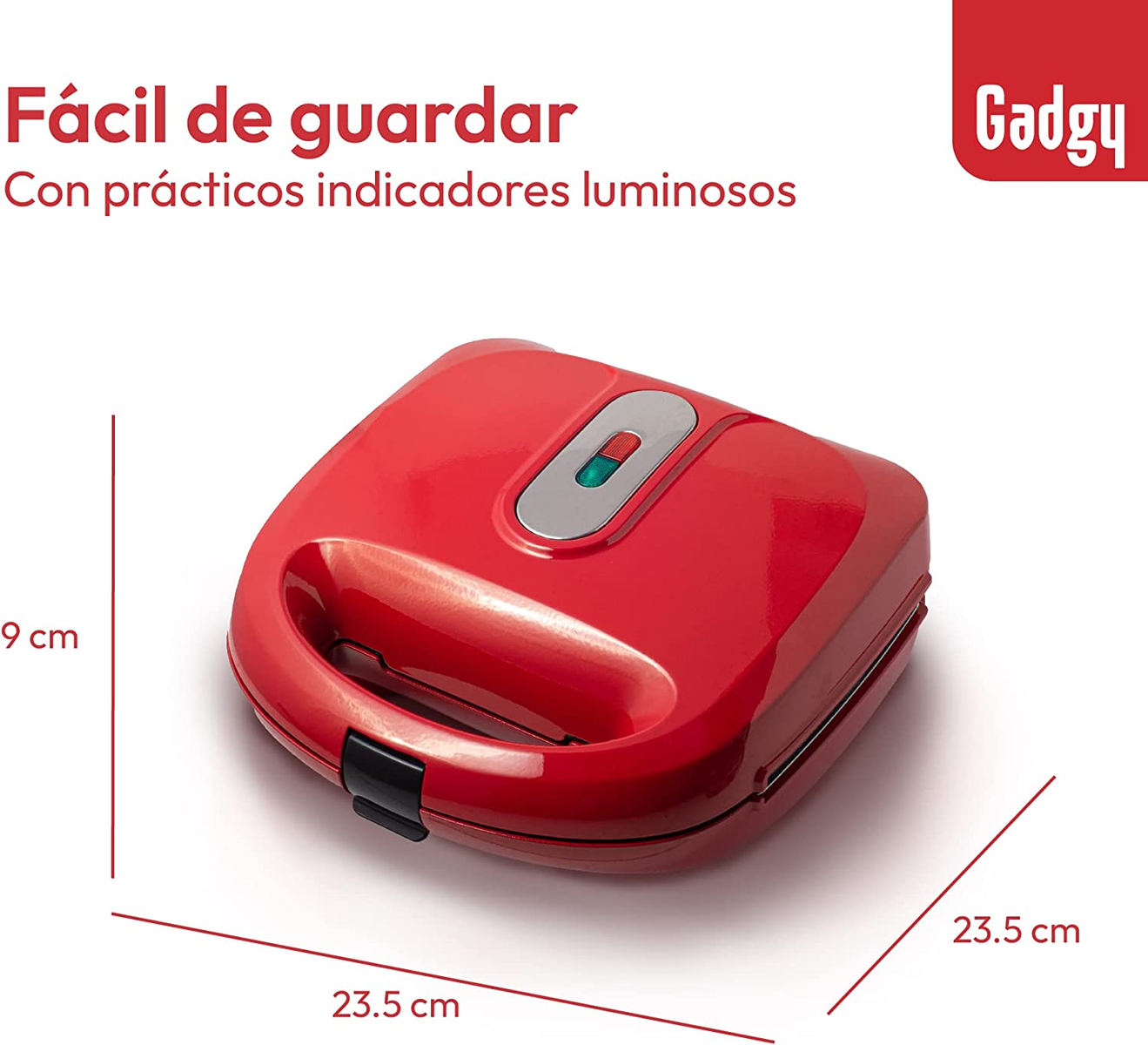 Una sandwichiera rossa con dimensioni visualizzate. Testo in spagnolo: 'Facile da riporre'.