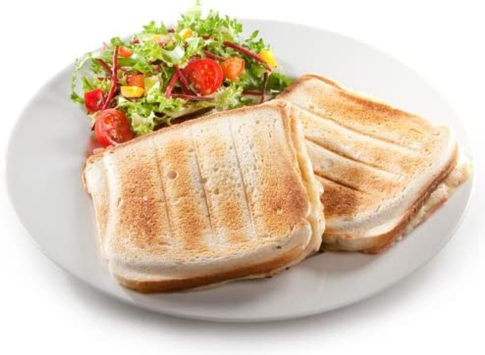 Un piatto con due sandwich tostati e un'insalata con pomodori. Piatto e sfondo bianchi.