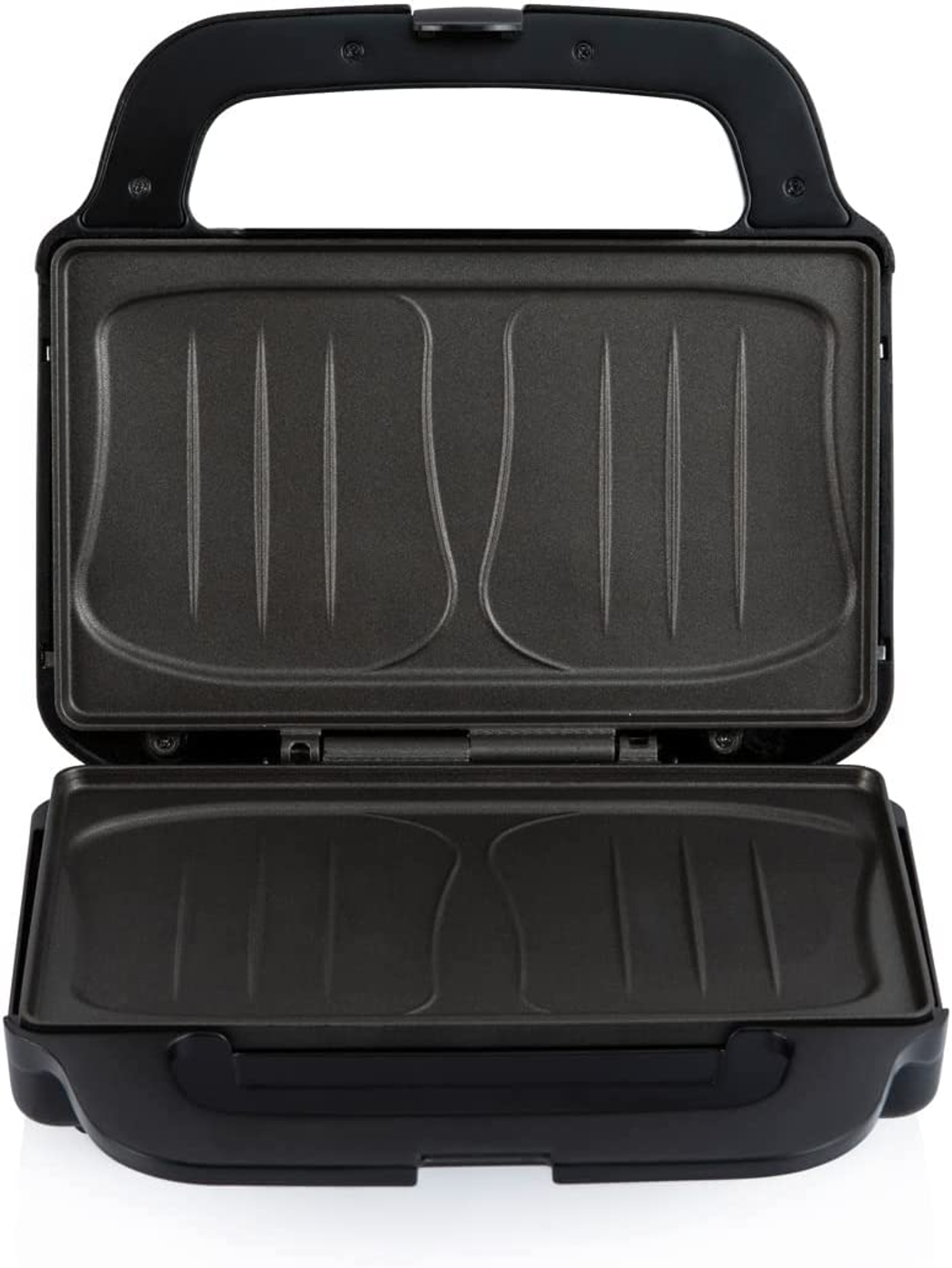 Otwarty czarny opiekacz do kanapek, ukazujący dwie powierzchnie do gotowania w kształcie kanapek.