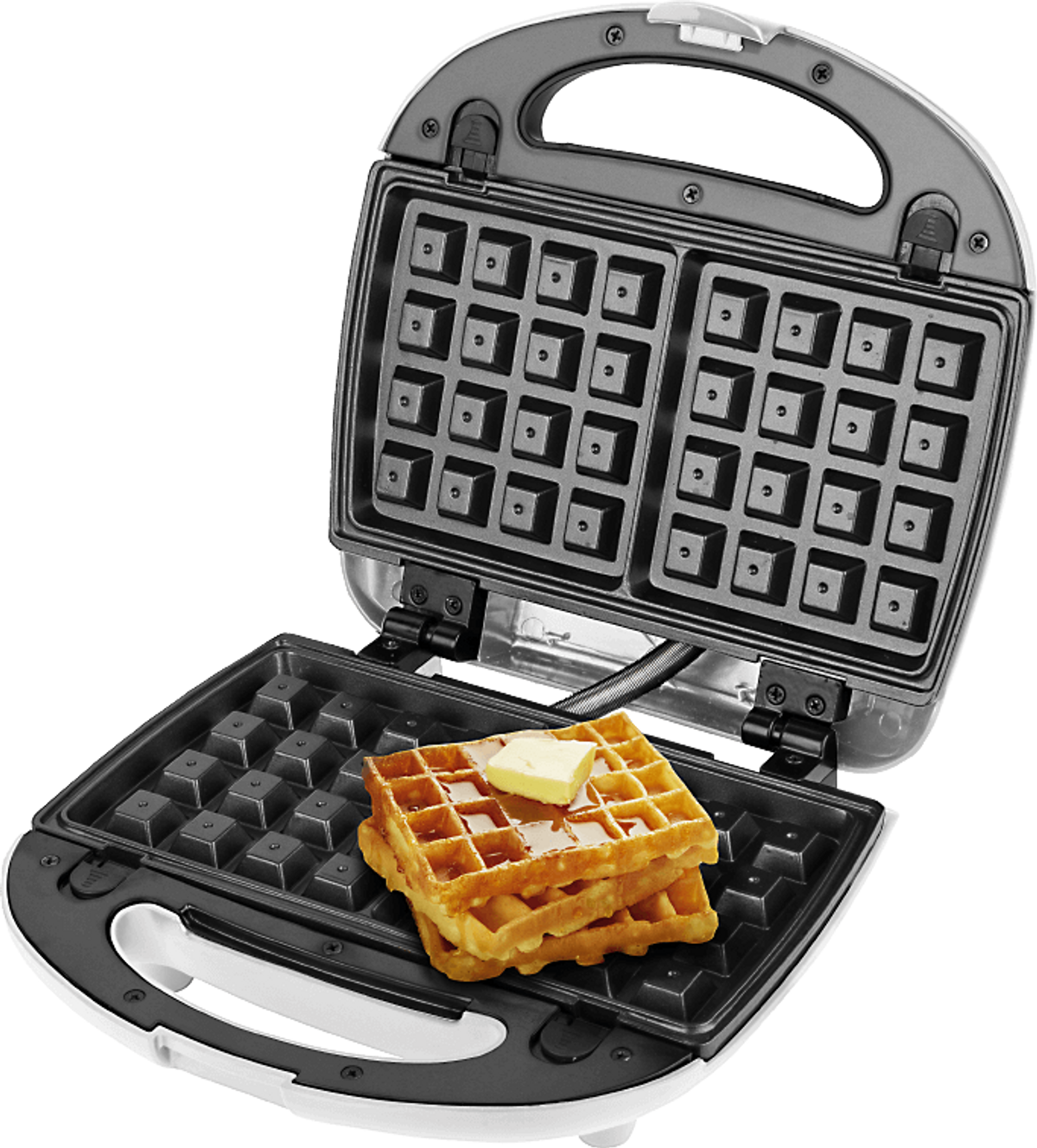 Wafflera abierta con gofres y mantequilla. Electrodoméstico blanco y negro, aislado sobre fondo transparente.