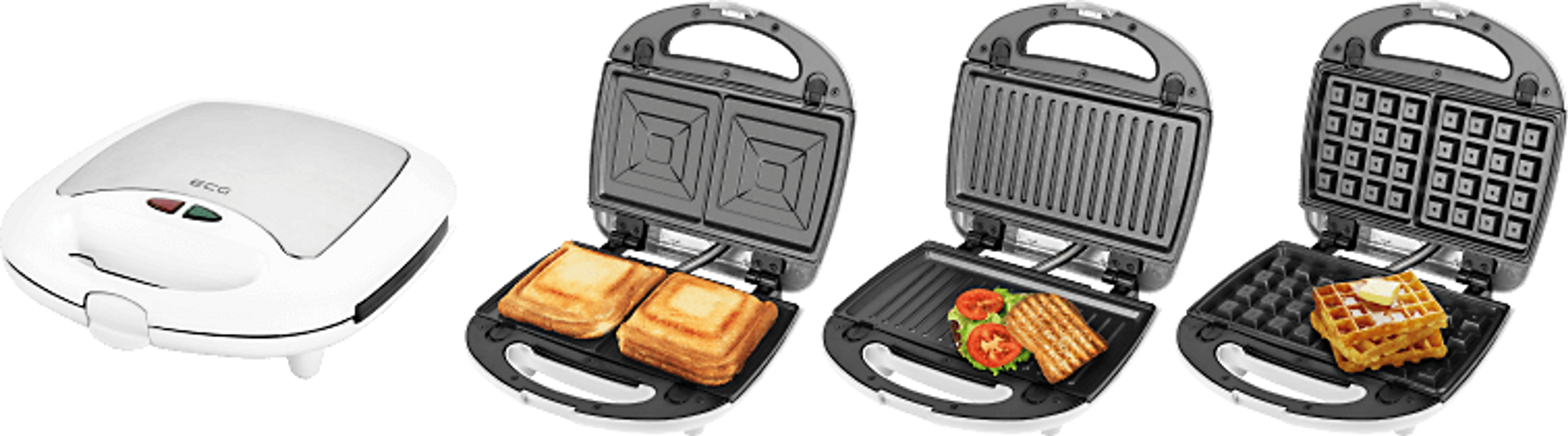 Una sandwichera blanca con tres placas intercambiables para sándwiches, parrilla y gofres.