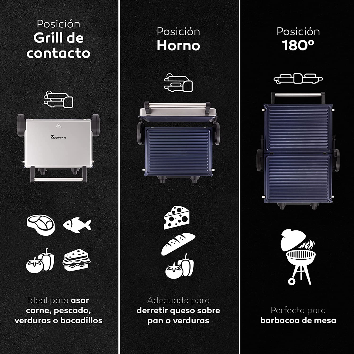 Diagrama de una parrilla con tres posiciones de cocción: contacto, horno y 180°. Incluye iconos de comida.