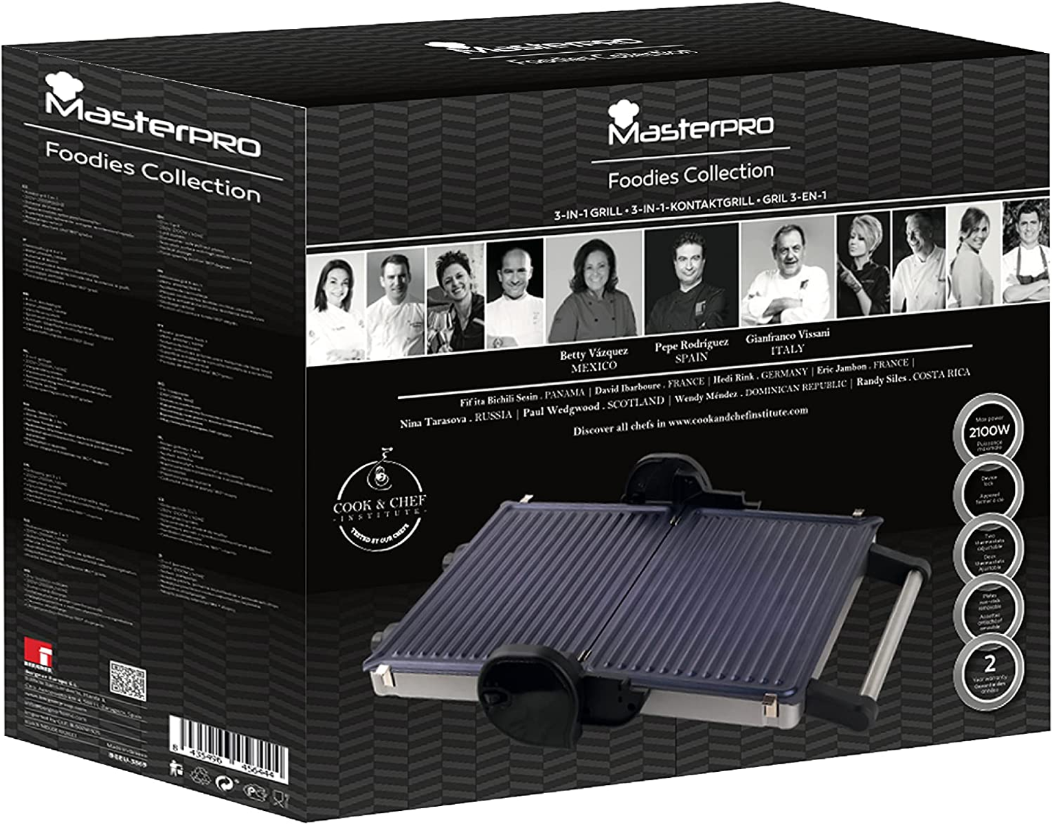 Una caja de parrilla MasterPRO con fotos de chefs, una imagen de parrilla y texto.