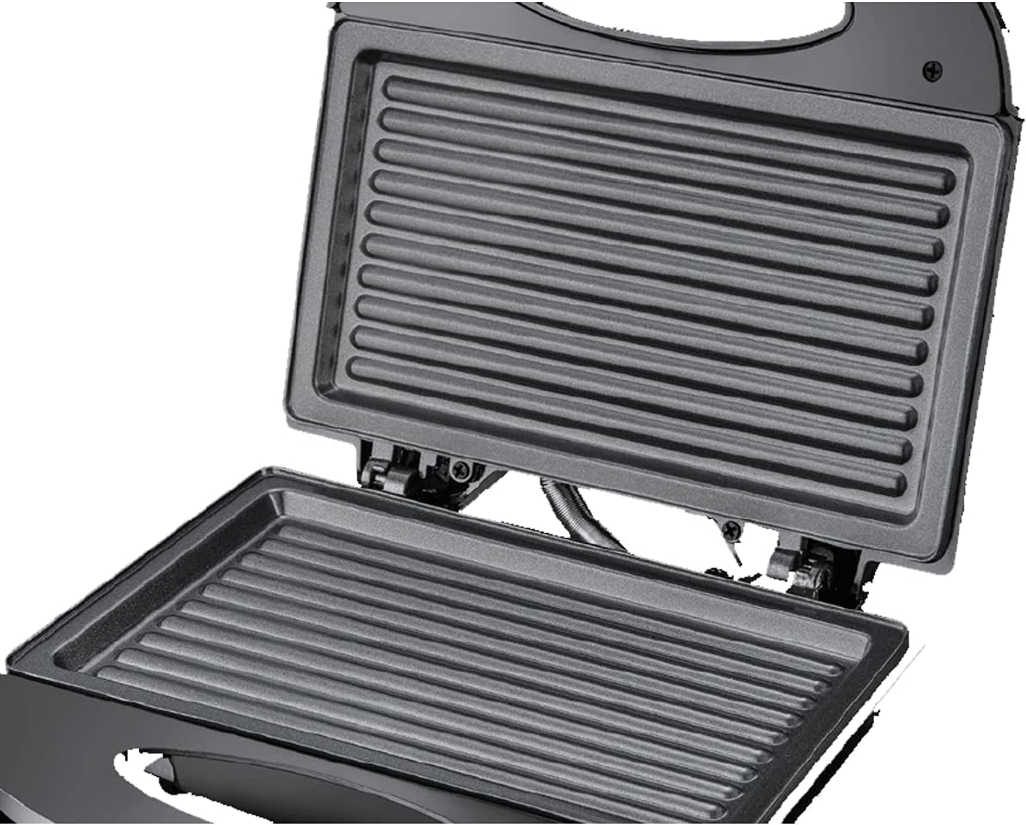 Otwarta czarna opiekacz do kanapek z płytami grillowymi, z góry na białym tle.