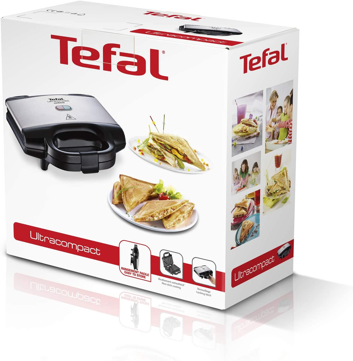 Sandwichera en una caja. La caja tiene fotos de sándwiches y personas. La marca es Tefal.