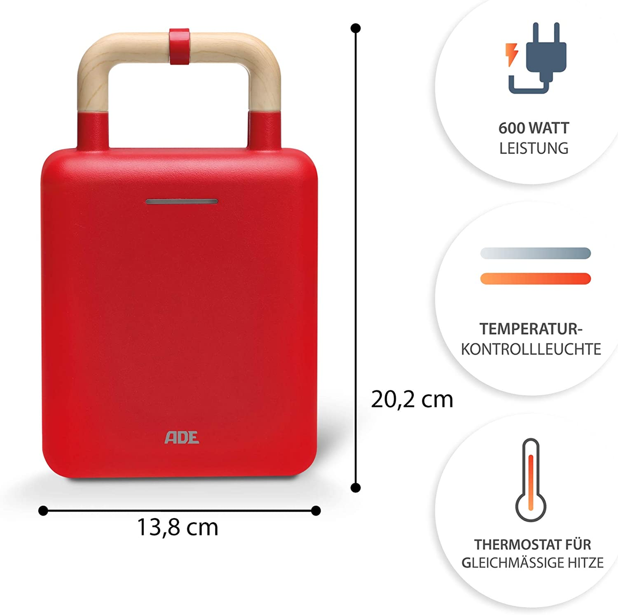 Czerwone gofrownica z drewnianym uchwytem, wymiary i ikony sterowania wyświetlane.