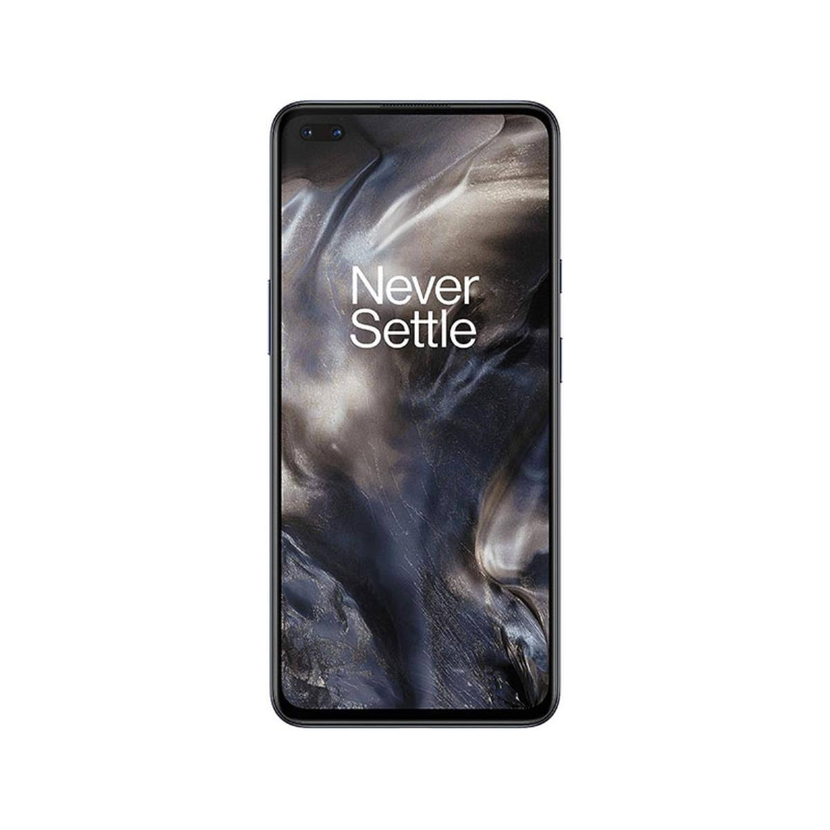 Schwarzes Smartphone mit 'Never Settle' auf dem Bildschirm. Das Telefon hat einen dunklen, wirbelnden Hintergrund.