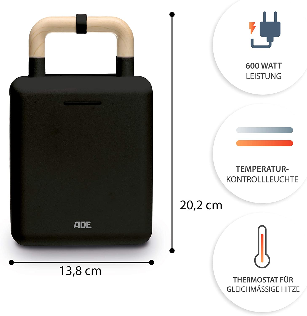 Czarne kwadratowe urządzenie z drewnianym uchwytem oraz diagramy pokazujące funkcje.