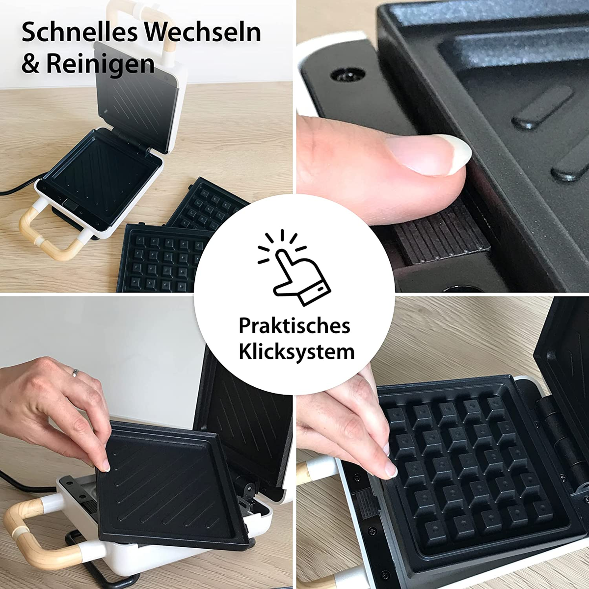 Gofrownica z wyjmowanymi płytami. Obrazy pokazują, jak usunąć i wymienić płyty.