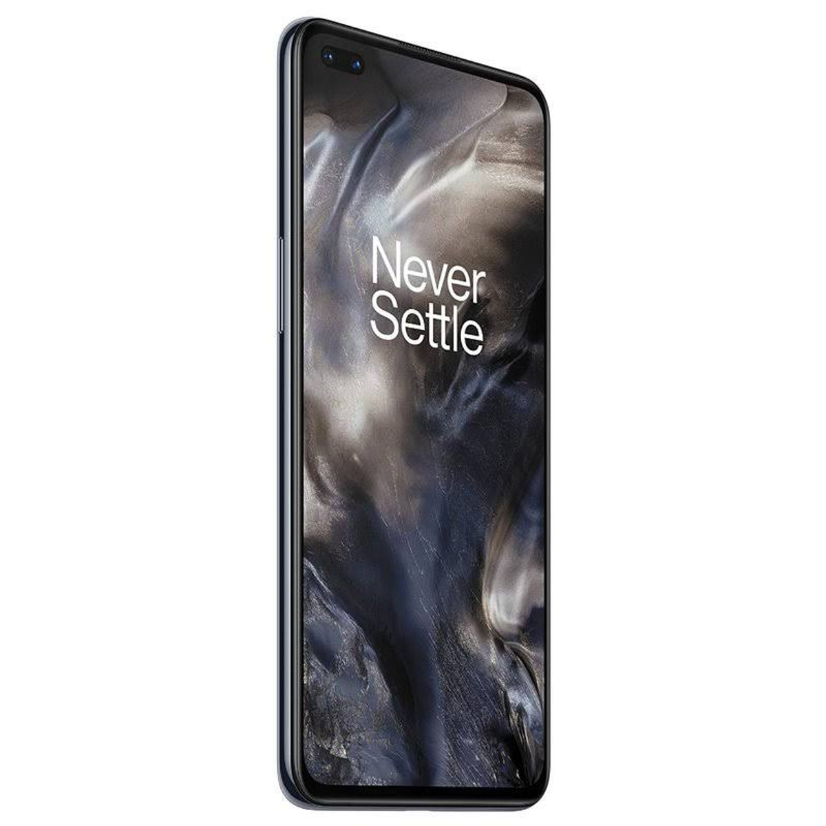 Czarny telefon z napisem "Never Settle" na ekranie. Białe tło.