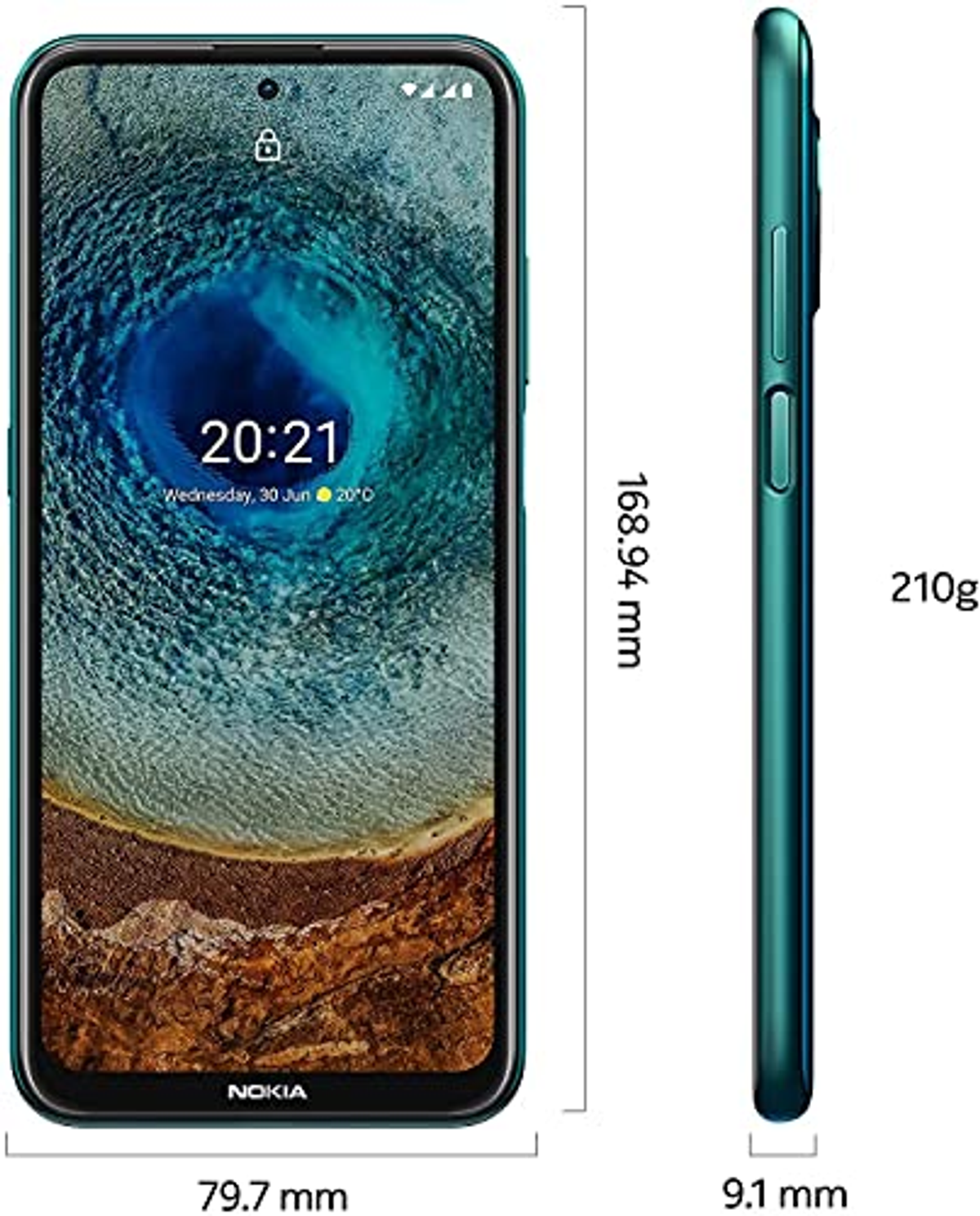 Groene telefoon met een scherm dat de tijd weergeeft. Afmetingen en gewicht worden getoond.