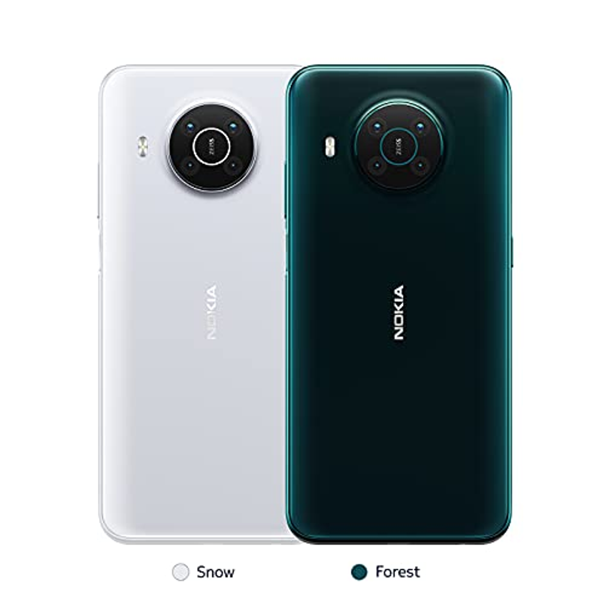 Twee Nokia-telefoons, één wit en één donkergroen, met camera en achterkant.