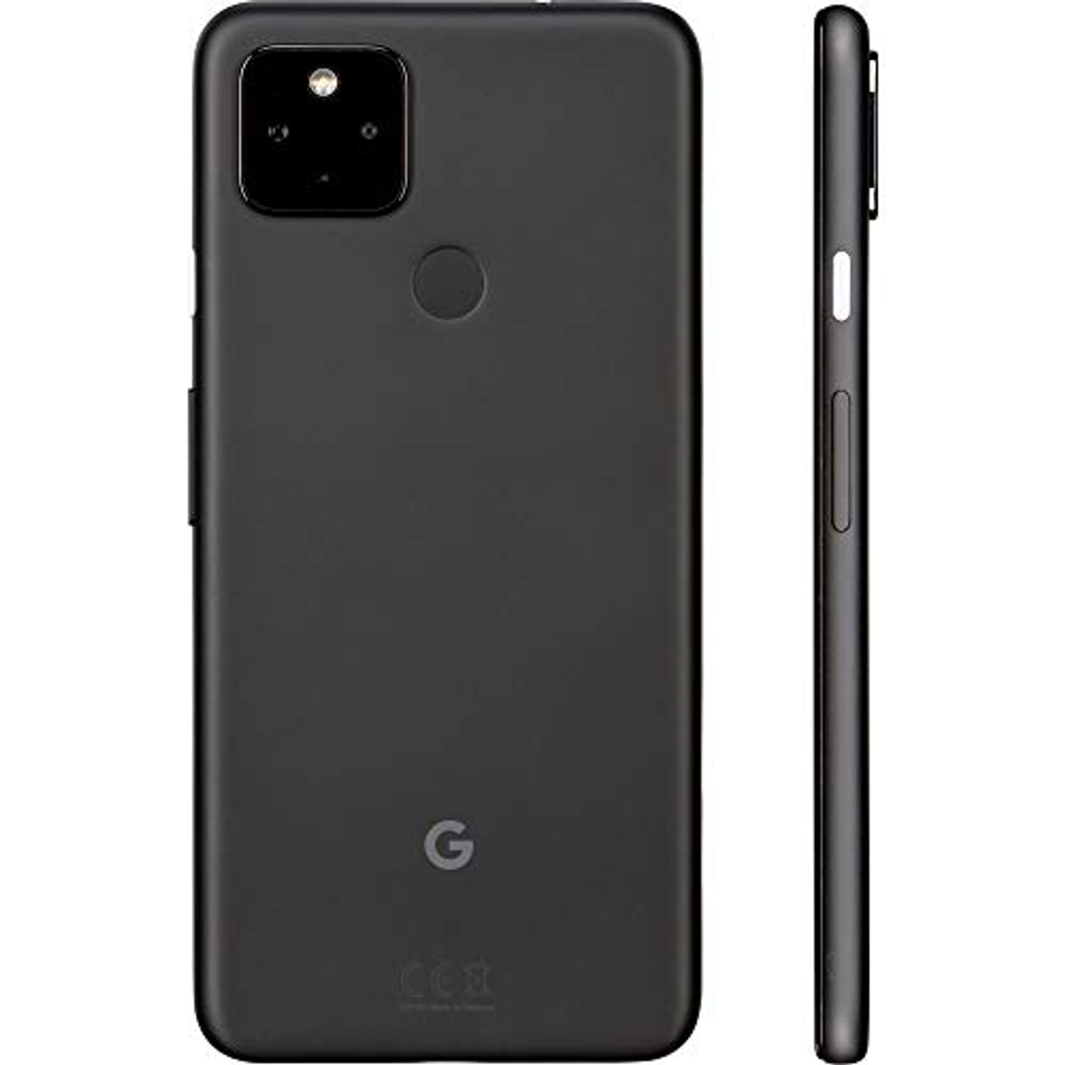 Schwarzes Google Pixel 5 Telefon. Rück- und Seitenansicht. Kamera-Erhebung. G-Logo.