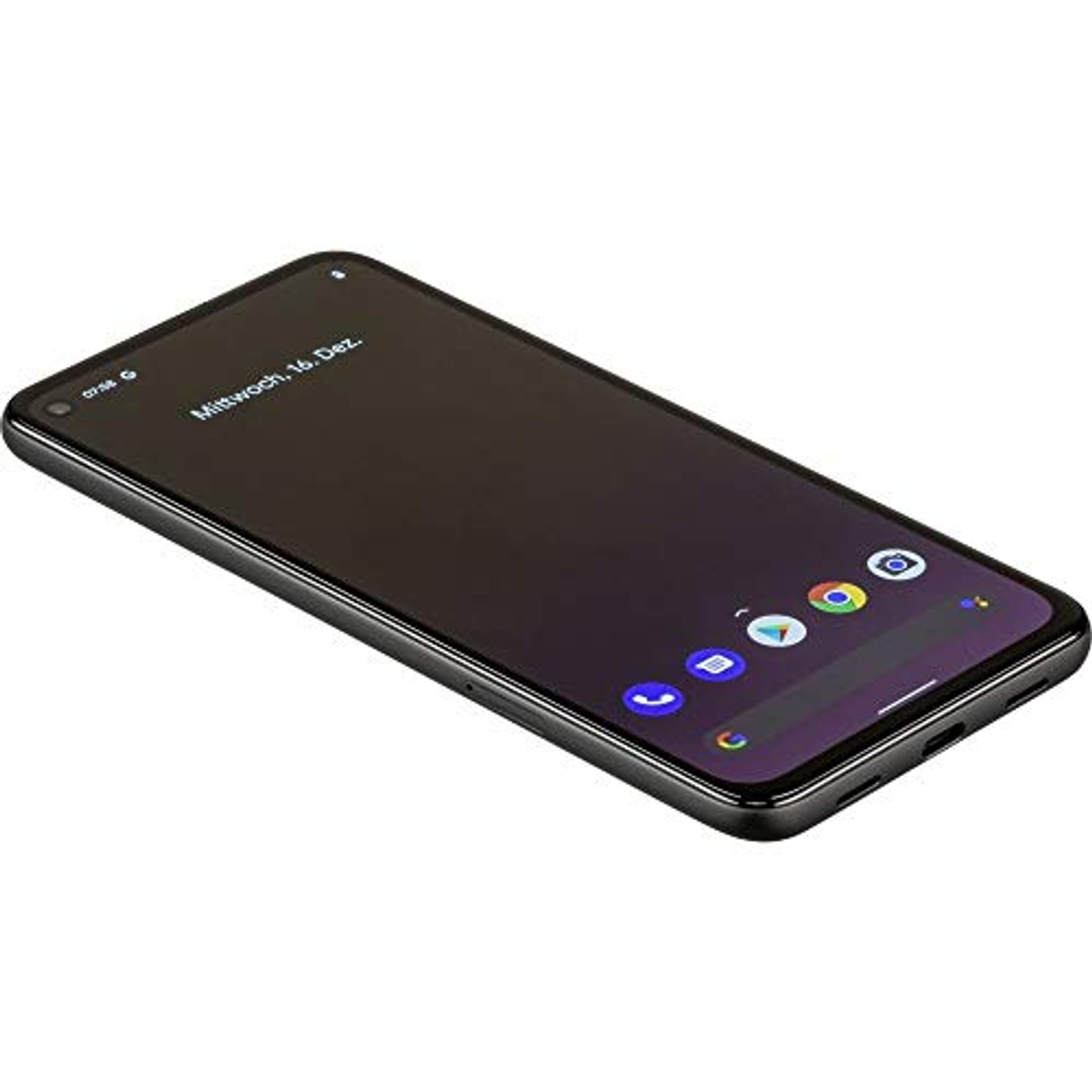 Ein schwarzes Smartphone mit dunklem Bildschirm, der App-Symbole und Datum, Mittwoch, 16. Dez.